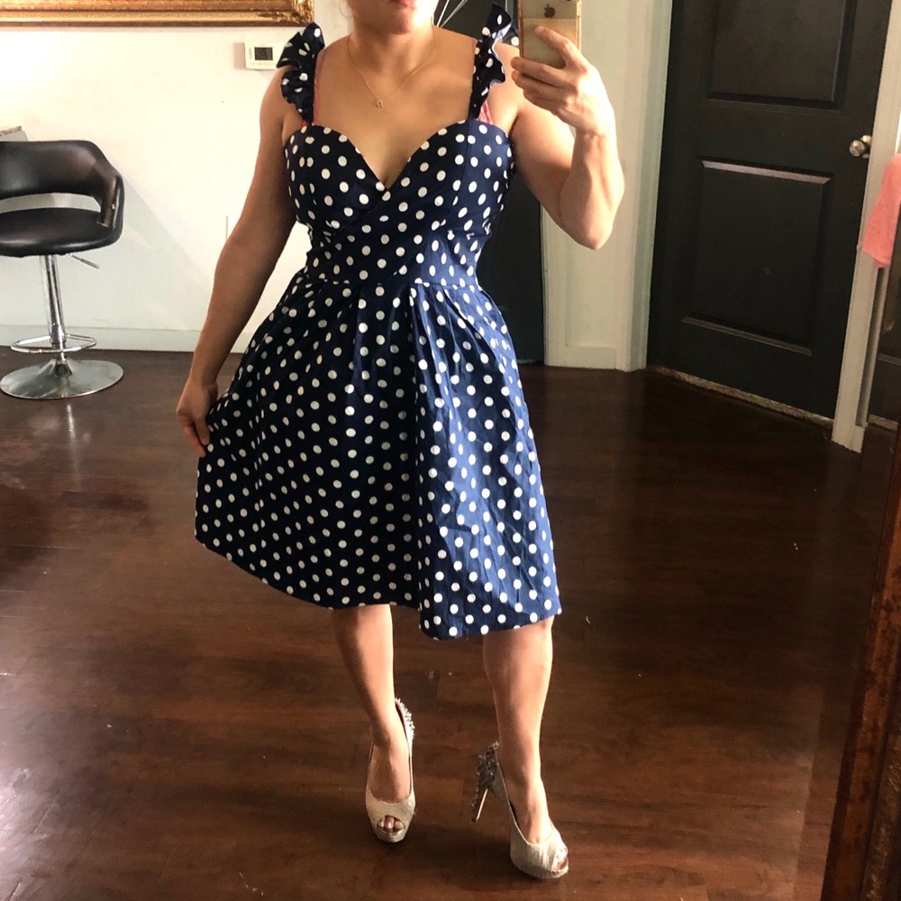 Blue & white dots ruffled flare polka dress